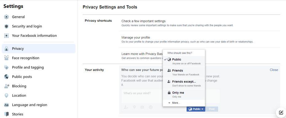 your activity’ section in facebook settings