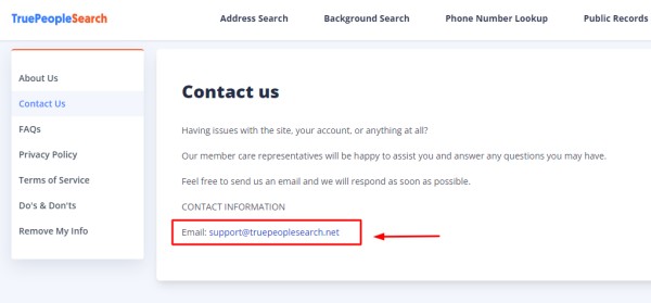 Now go to the contact us section and here you will find their support email id support@truepeoplesearch.net