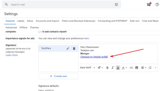 Text with hyperlink gmail signature of linkedin profile