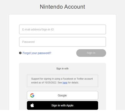 Nintendo login page